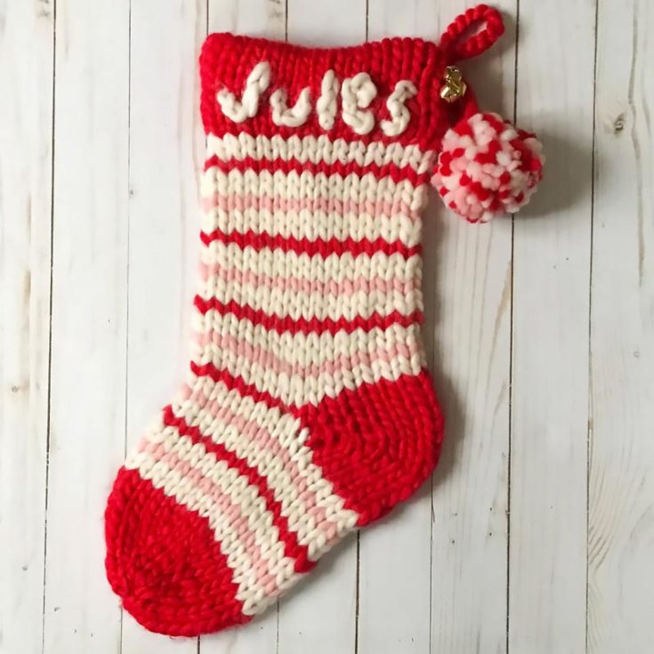Embroider your family names onto this beginner-level and inexpensive stocking pattern for the holidays! It&rsquo;s a quick-knit project with bulky yarn and big needles, and the finished size is approximately 18&rdquo; in height and 7&rdquo; in width.