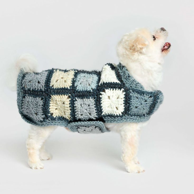 The granny motif is a classic pattern that is easy to create and remains timeless for a crochet dog sweater.