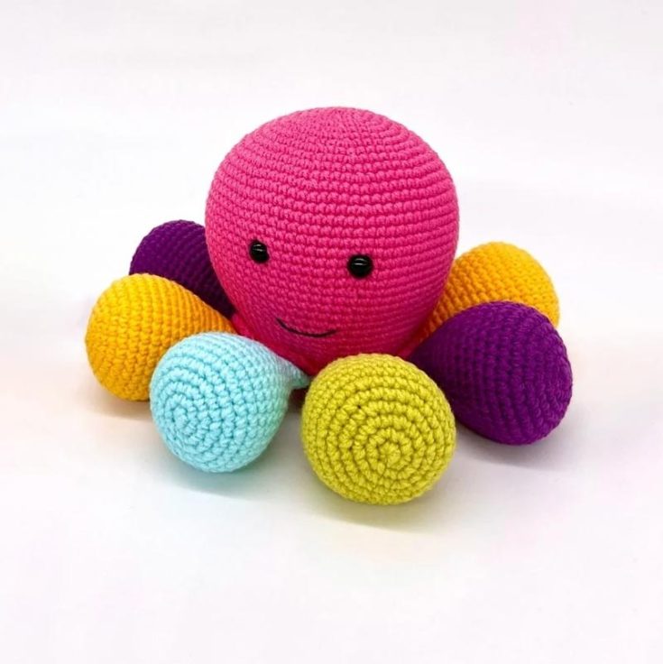 This soft and playful octopus requires no sewing and features colorful tentacles that are perfect for kids and babies to explore while helping you use up leftover yarn&mdash;an ideal project for confident beginners, measuring 4&rdquo; x 6.5&rdquo;.