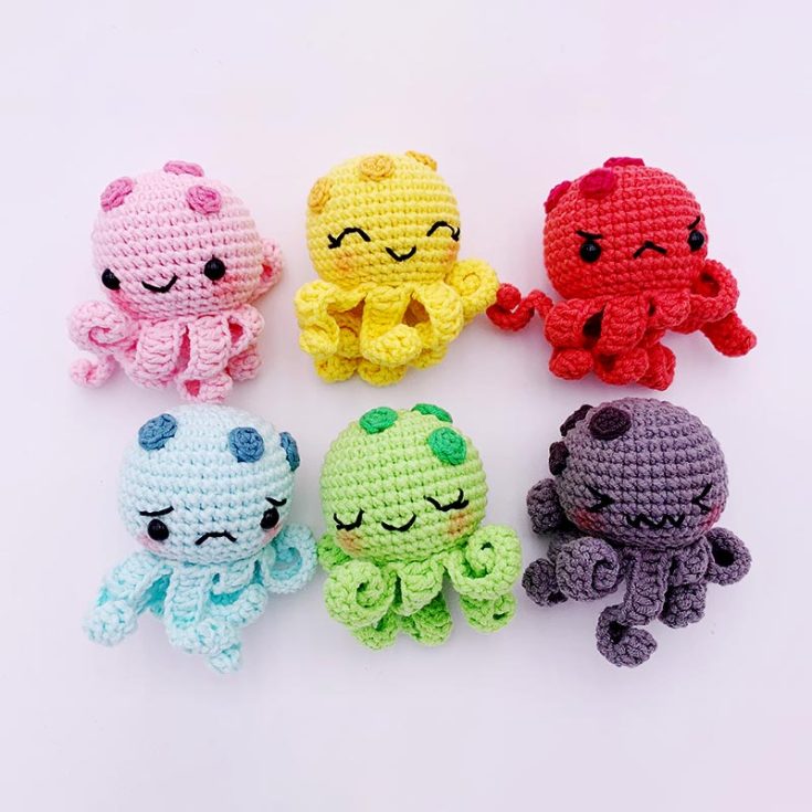 You can crochet this adorable little octopus in about an hour! By experimenting with different colors and facial expressions, you can create octopus pals that capture a variety of emotions.